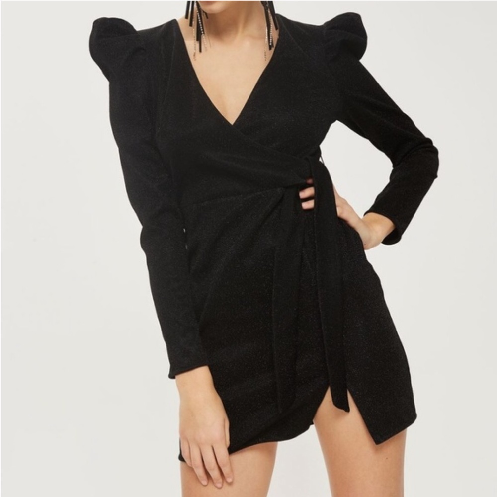 Topshop Tinsel Wrap Dress Puff Shoulder
